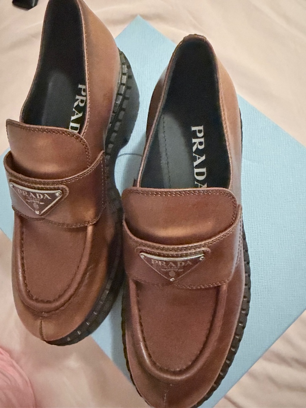 Prada Double Chocolate Leather Loafers Cognac 35.5 NEW